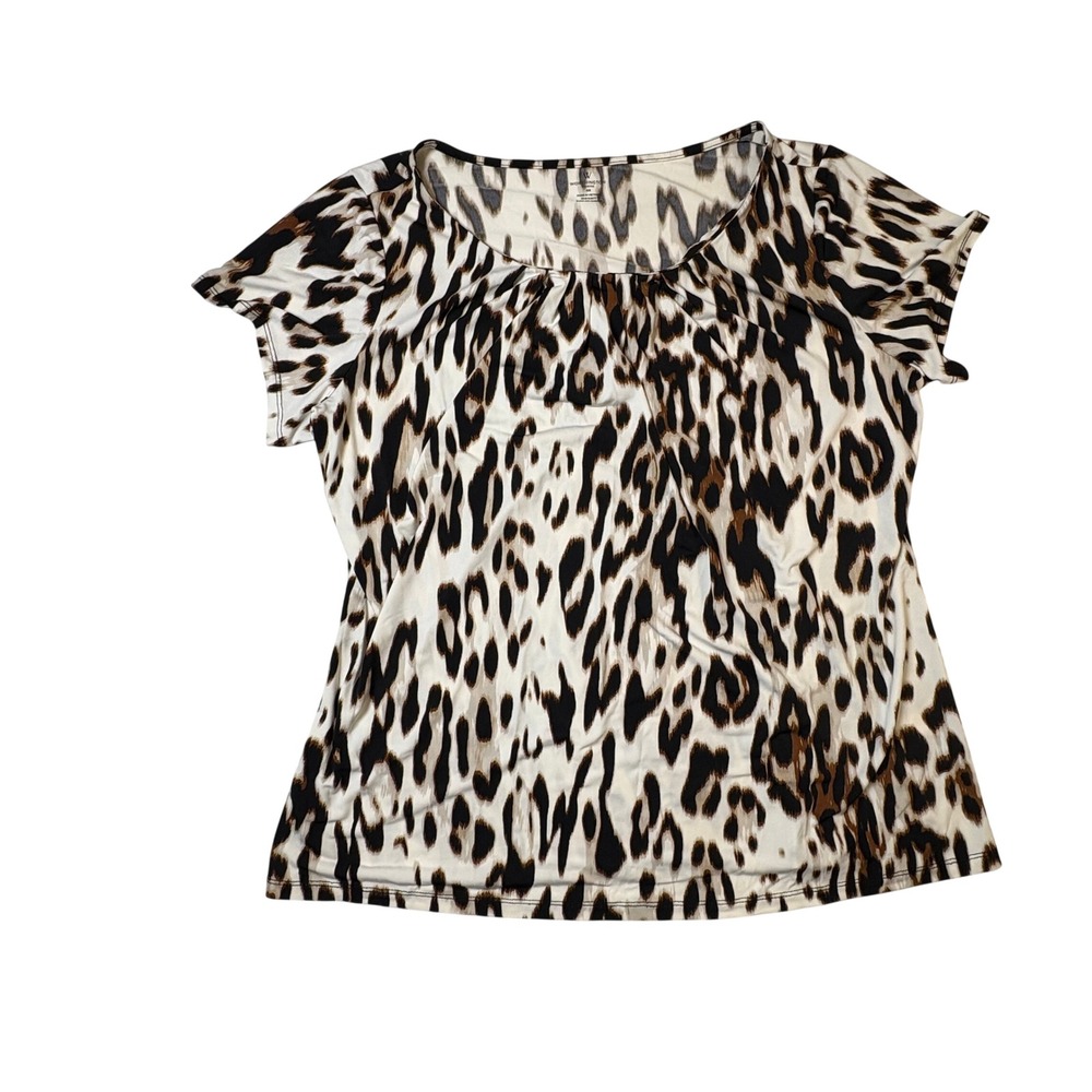 Worthington Woman Leopard Print Scoop Neck Short Sleeve Top Brown Black Size 0X
